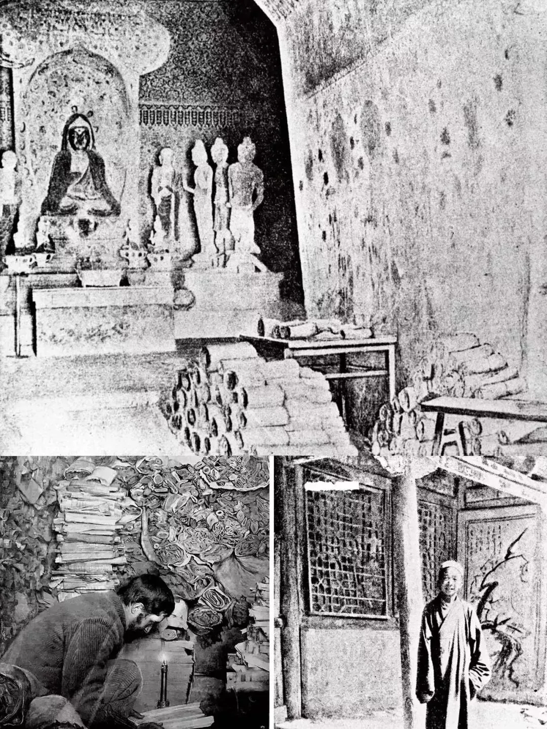 上:20世纪初,莫高窟藏经洞外。图/FOTOE 下:左:伯希和在藏经洞挑选文献。右:20世纪初,莫高窟下寺道观的住持王圆箓。图/斯坦因 FOTOE