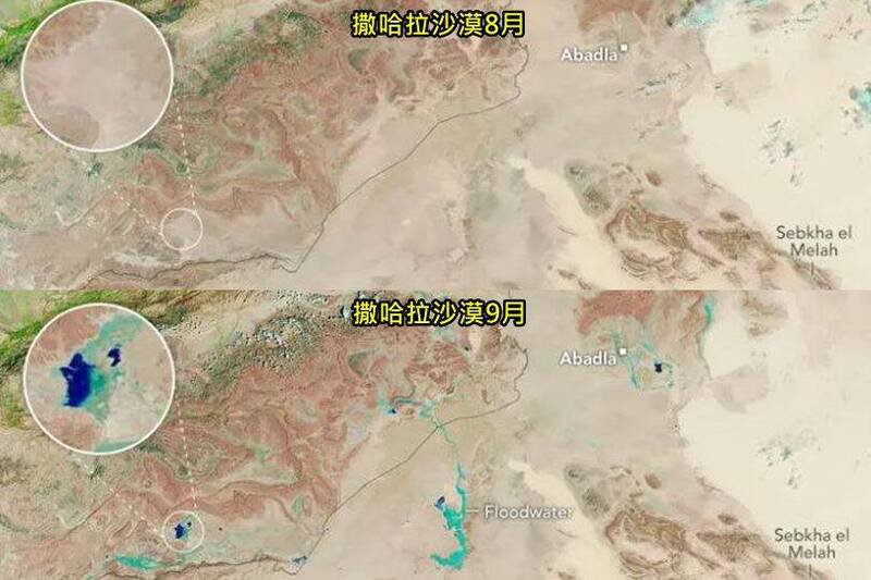 NASA的卫星监测更显示,撒哈拉沙漠突然变蓝,原本单调的土黄色地貌,出现了蓝、绿区域。(图撷自NASA) NASA的卫星监测更显示,撒哈拉沙漠突然变蓝,原本单调的土黄色地貌,出现了蓝、绿区域。(图撷自NASA)