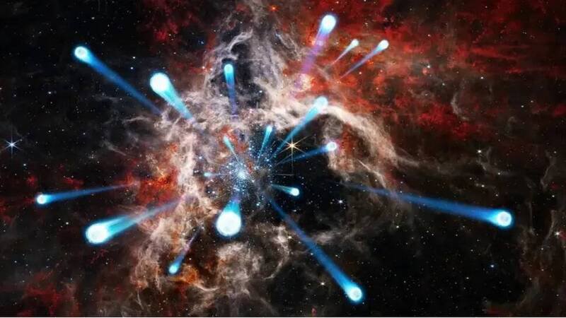 这是大麦哲伦星云(Large Magellanic Cloud)R136星团喷射出逃逸恒星的示意图。(取自NASA官网) 这是大麦哲伦星云(Large Magellanic Cloud)R136星团喷射出逃逸恒星的示意图。(取自NASA官网)