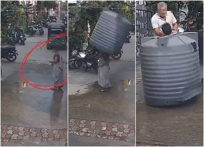 印度妇女走在街上边吃苹果,孰料突然遭从天而降巨型水塔砸中,且恰好落在中间空心孔洞,幸运躲过一劫。(图撷自「@TaraBull808」X、本报合成) 印度妇女走在街上边吃苹果,孰料突然遭从天而降巨型水塔砸中,且恰好落在中间空心孔洞,幸运躲过一劫。(图撷自「@TaraBull808」X、本报合成)
