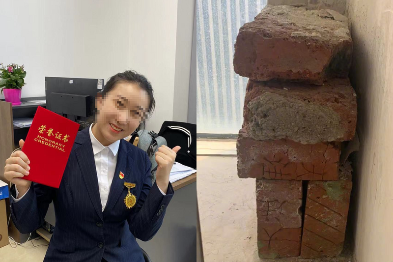 中国娄姓女子遭32楼抛下的砖头砸中身亡,享年28岁。(本报合成,撷取自微博) 中国娄姓女子遭32楼抛下的砖头砸中身亡,享年28岁。(本报合成,撷取自微博)