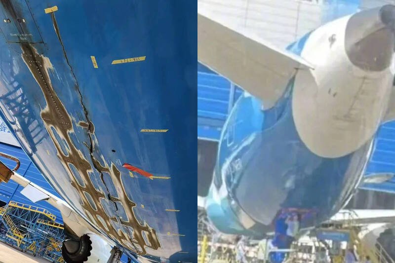 中国南方航空21日发生客机降落事故,机身底部严重受损,所幸无人受伤。(撷取自微博,本报合成) 中国南方航空21日发生客机降落事故,机身底部严重受损,所幸无人受伤。(撷取自微博,本报合成)