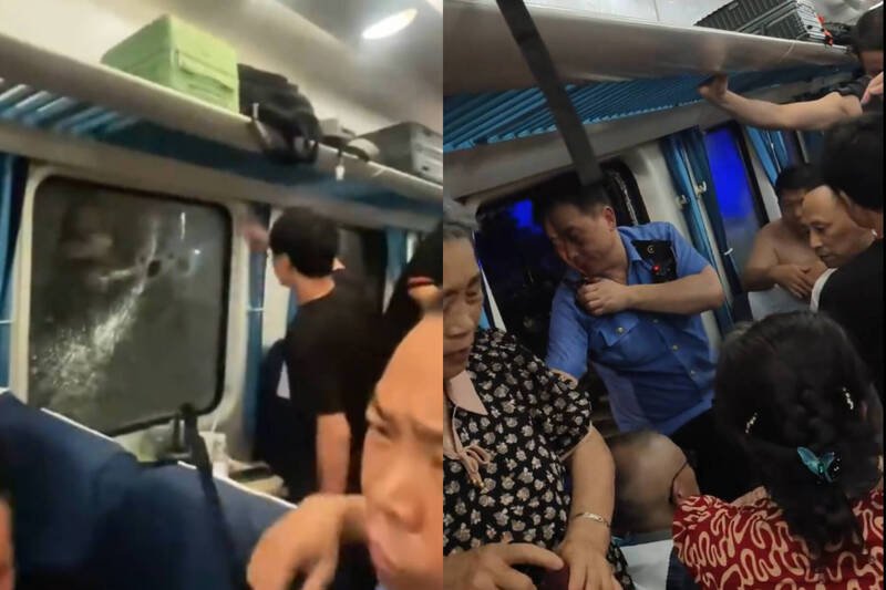 一名黑衣男乘客英勇砸窗后,工作人员挡在破窗前。(撷取自微博) 一名黑衣男乘客英勇砸窗后,工作人员挡在破窗前。(撷取自微博)