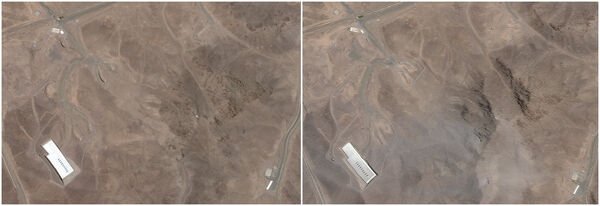 ▲▼美国打击伊朗圣城库姆（Qom）附近福尔多（Fordow）地下核设施前后的卫星影像，左图6月2日，右图是6月22日。 （图/路透）