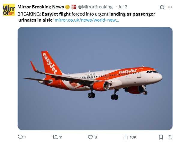 EasyJet班机因乘客行为失控紧急降落，警方登机介入处理。（图／翻摄自X）