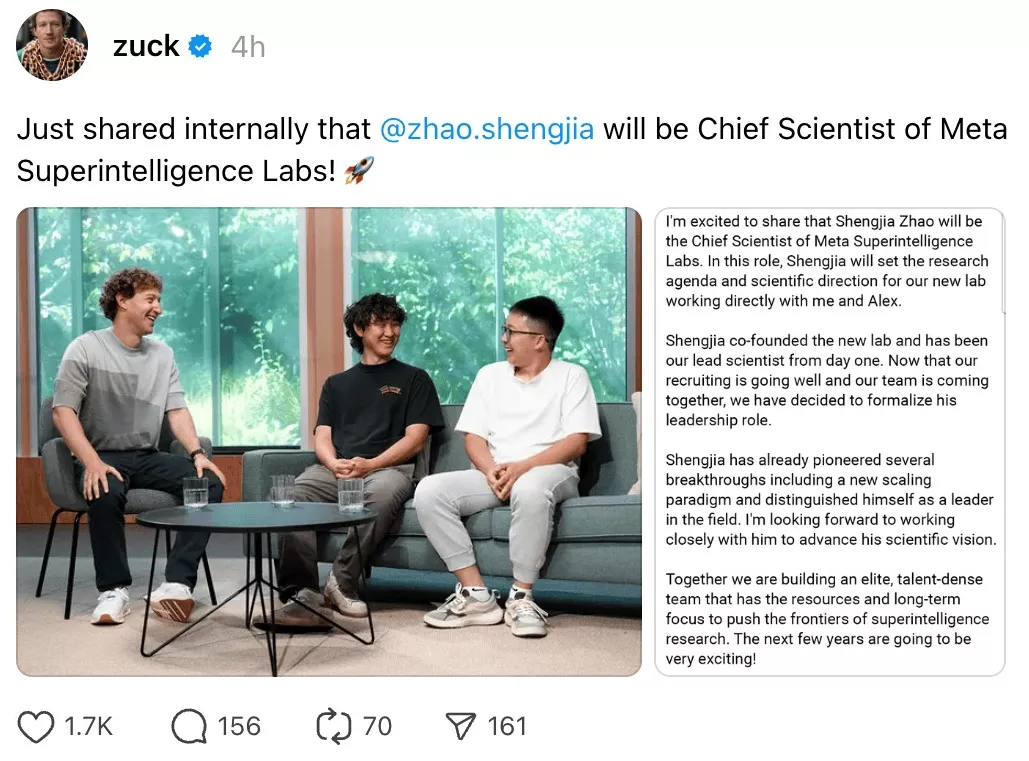 扎克伯格：任命这位华裔为Meta的首席科学家