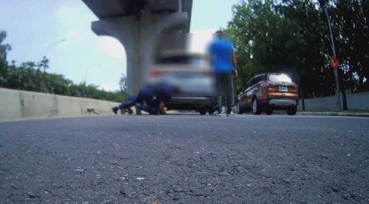黄男驾车惊见幼猫钻车底,警方花20多分钟救猫安置。(民众提供) 黄男驾车惊见幼猫钻车底,警方花20多分钟救猫安置。(民众提供)