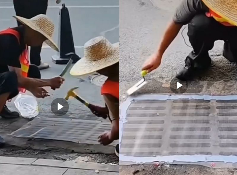 网友指出,官方为了防疫在下水道安装防蚊网,排水受阻害淹水。(撷取自微博影片) 网友指出,官方为了防疫在下水道安装防蚊网,排水受阻害淹水。(撷取自微博影片)