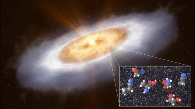 猎户座V883原行星盘中史前生物分子的艺术想像图。科学家在此首度侦测到能形成糖与胺基酸的复杂有机分子,暗示生命基石在行星诞生前就已存在。(图撷取自ESO/L. Calçada/T. Müller/MPIA/HdA) 猎户座V883原行星盘中史前生物分子的艺术想像图。科学家在此首度侦测到能形成糖与胺基酸的复杂有机分子,暗示生命基石在行星诞生前就已存在。(图撷取自ESO/L. Calçada/T. Müller/MPIA/HdA)