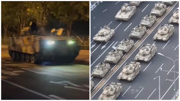 据北京市民拍到的画面显示，大量坦克和装甲车排队进城。