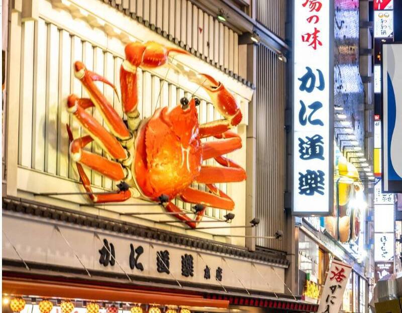 大阪道顿堀著名餐厅「蟹道乐」的巨型螃蟹看板,为迎接11月6日的松叶蟹解禁日,将自10月16日起拆除招牌上的双螯进行修复。(法新社) 大阪道顿堀著名餐厅「蟹道乐」的巨型螃蟹看板,为迎接11月6日的松叶蟹解禁日,将自10月16日起拆除招牌上的双螯进行修复。(法新社)