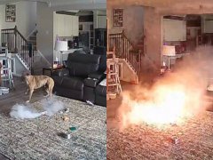 惊悚画面曝光！宠物狗咬「锂电池」玩耍 竟瞬间爆炸变火球
