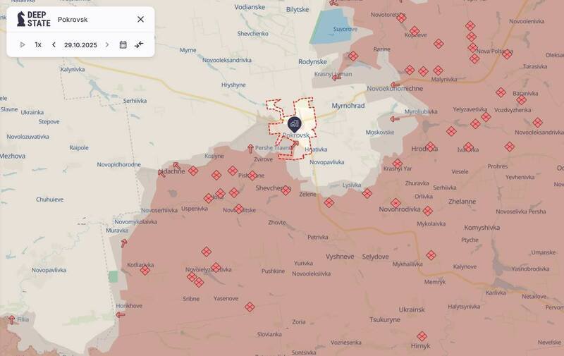 乌东大城波克罗夫斯克（Pokrovsk，红军城，虚线处）若沦陷，将是俄军取得优势的关键象征。（撷取自Deep State网站）