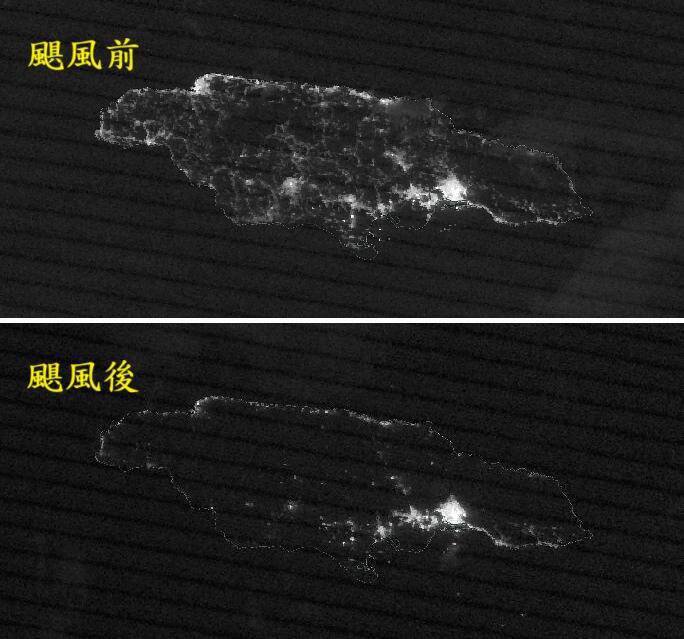 原本明亮的牙买加岛在「梅丽莎」侵袭后，除东南方的首都京斯敦都会区还有灯光外，其他地区陷入一片黑暗。（图撷自郑明典脸书）