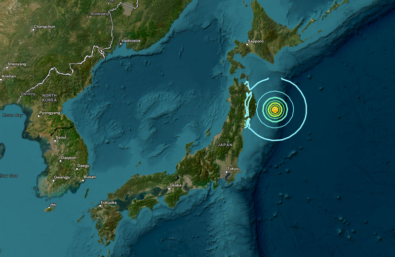 日本东北地区外海发生规模6.7地震，气象厅已对岩手县发布海啸警报。（图撷自USGS网站）