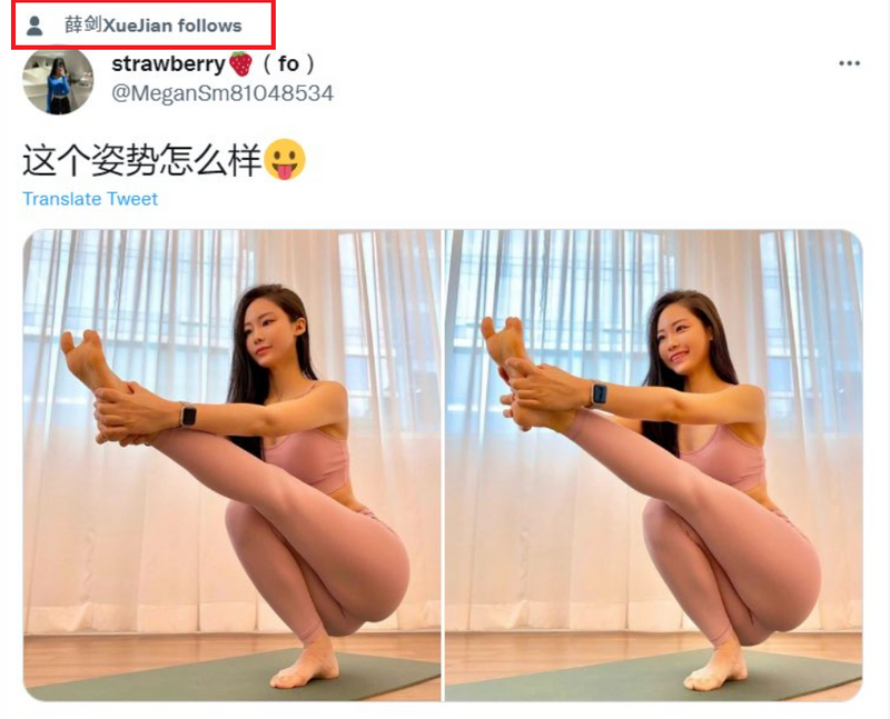 中国驻大阪总领事薛剑，过去在X疑似关注瑜珈正妹，不少中国网友留言调侃。（图撷自「@wutingzy」X帐号）