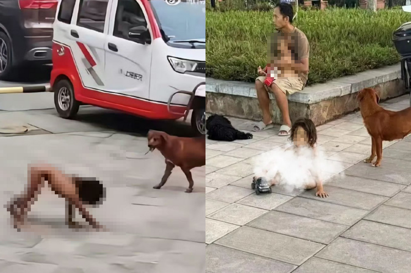 中国四川服务区一名全裸男童在地上玩玩具甚至学狗爬，引发社会高度关注。（本报合成，撷取自微博）