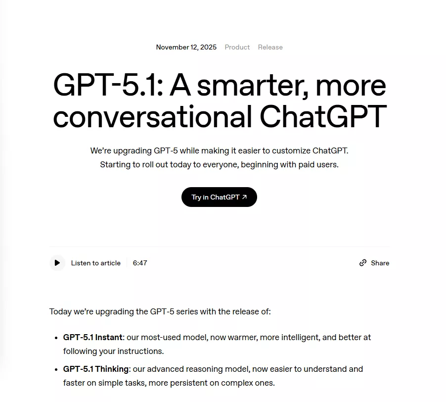 OpenAI更新GPT-5.1模型,打造更智能的ChatGPT