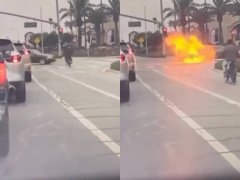 美屁孩骑机车闯红灯!撞左转车爆火球画面曝 衰女新车秒成废铁