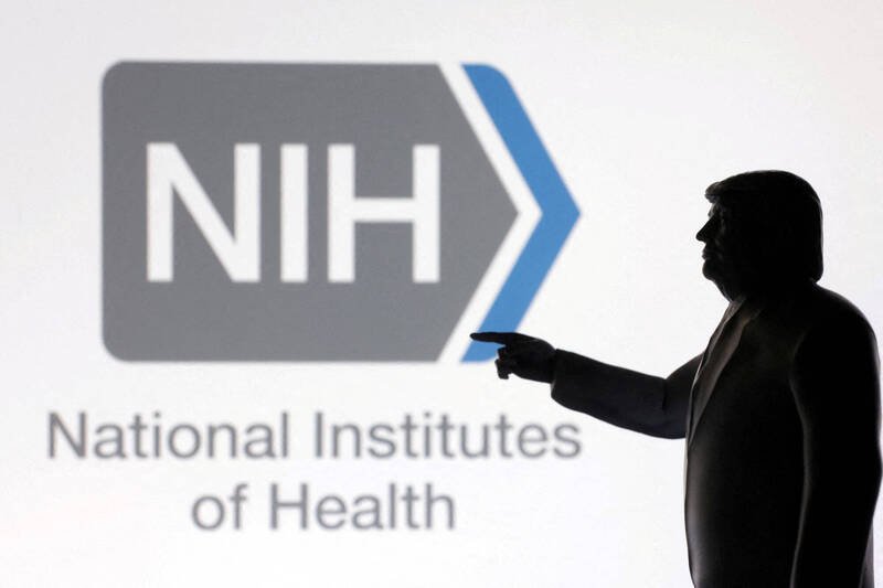 今年4月拍摄的美国总统川普的3D列印模型与美国国家卫生研究院（NIH）的标志。（路透档案照）