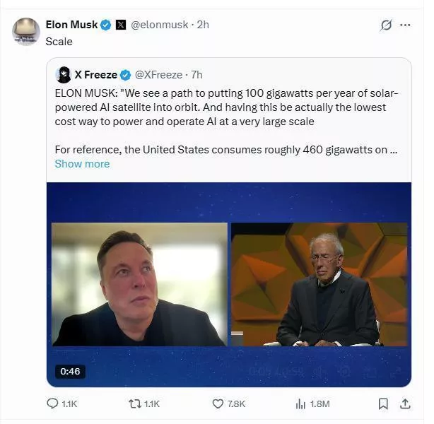 马斯克:计划每年在太空中部署100吉瓦人工智能卫星