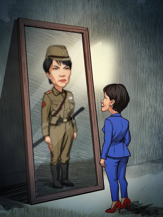 《新华社》让高市早苗在镜中照出身穿军装的自己，讽刺她要走上军国主义。（图撷自「中国 新华社 日本语」X帐号）