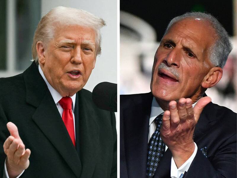 川普（左）宣布特赦在美遭定罪的宏都拉斯前总统叶南德兹，同时表明支持与叶南德兹同党的总统候选人阿斯夫拉（右）。（法新社）