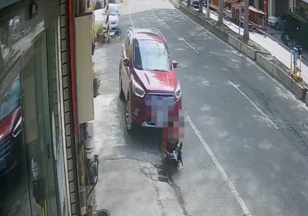 陈女蹲在店门口逗弄爱犬，遭后方休旅车直接撞上。（民众提供）