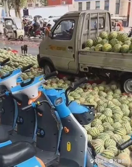 河南摊贩占马路卖西瓜,被带走处理后西瓜遭哄抢