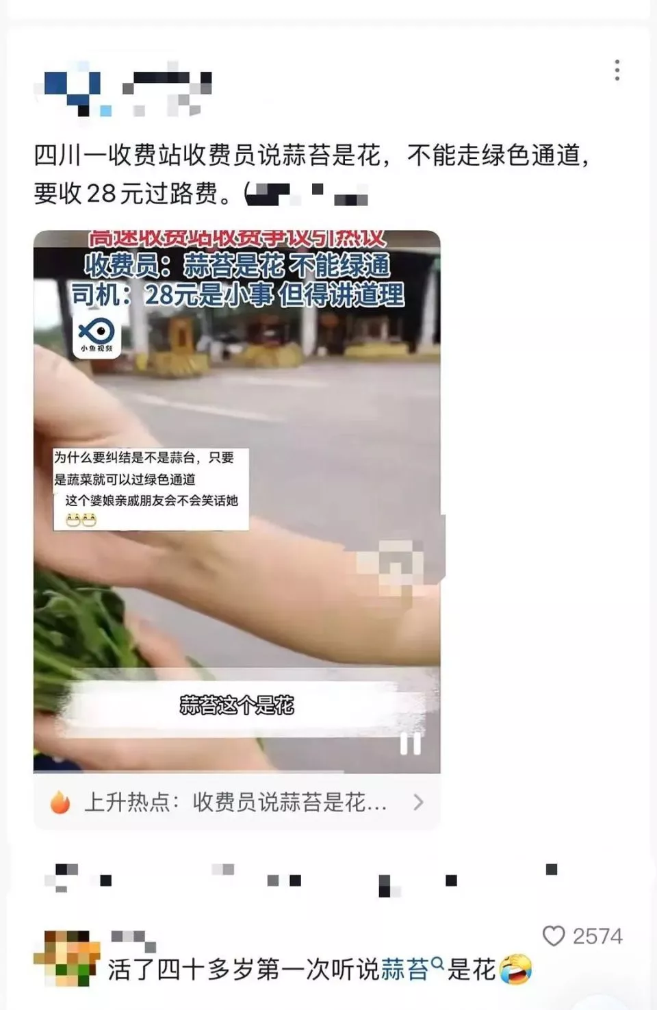 蒜苔是花不能走绿色通道?收费站回应:实为韭苔