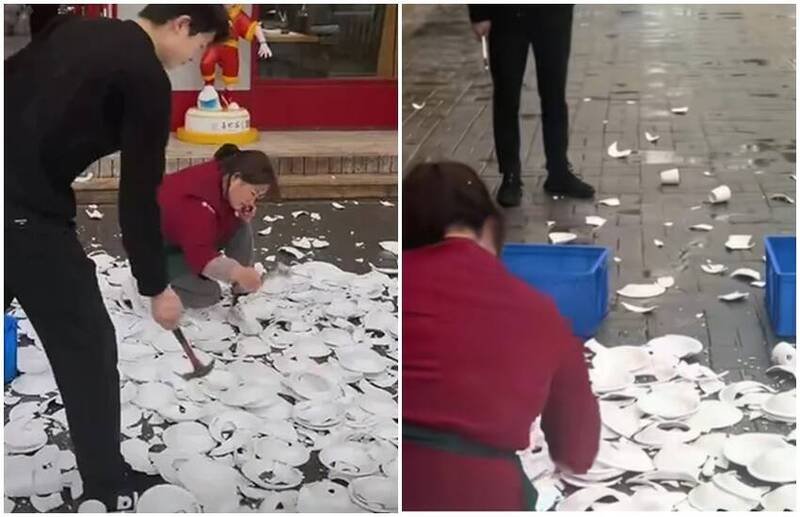 中国一名餐厅老板直接将店内约600套盘子全都砸碎。（图翻摄自微博）