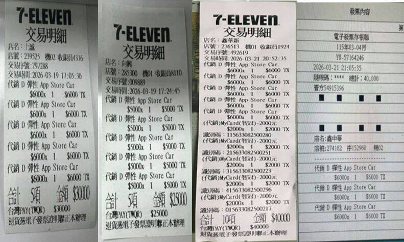 检方查出吴姓嫌犯取得民众电子支付QR Code付款码后，前往超商购买游戏点数洗钱。（中检提供）