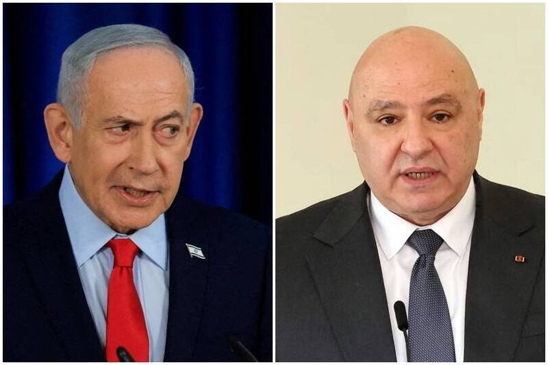 黎巴嫩总统奥恩 （右）及以色列总理纳坦雅胡 （左）。（法新社、路透档案照，本报合成）